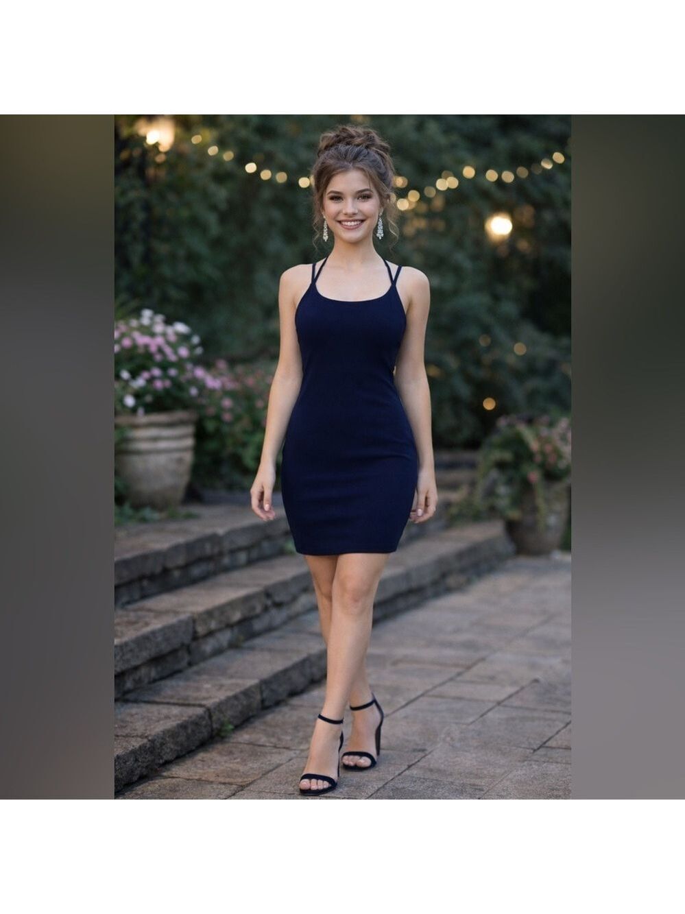 Size Large 10 12 Navy Bodycon Knee length cocktail homecoming stretch dress